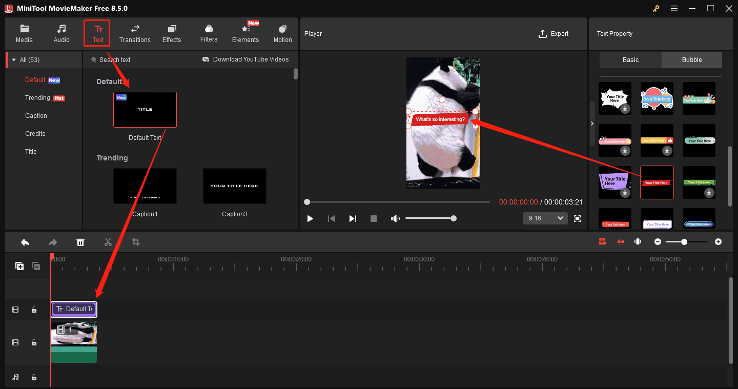 MiniTool MovieMaker interface showing how to add bubble text to a GIF.