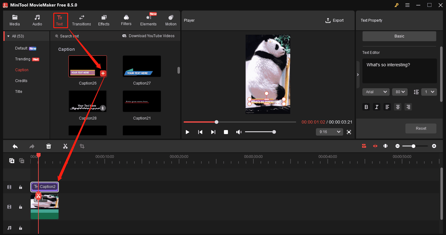 MiniTool MovieMaker interface showing how to add animated captions to a GIF.
