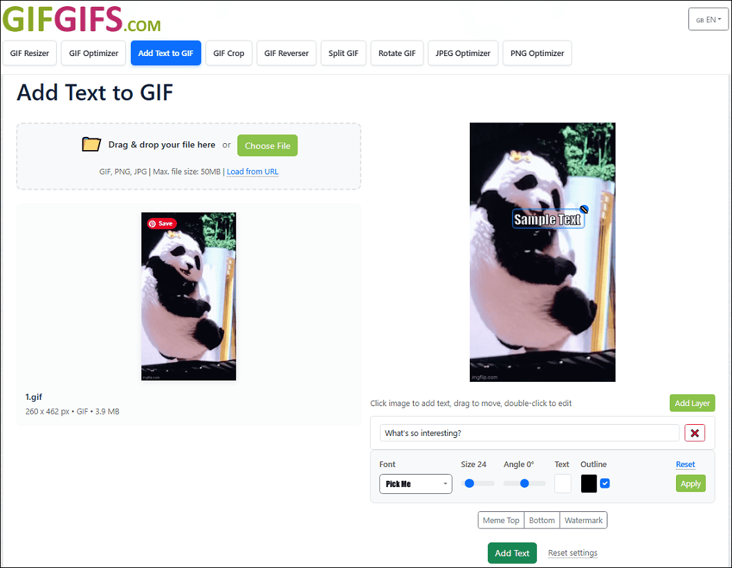 GIFGIFs interface showing how to add text to a GIF.