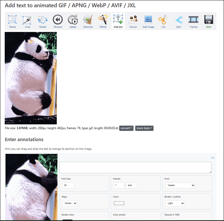 Ezgif website showing how to add captions to a GIF.