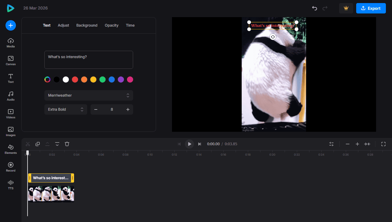 Clideo interface showing the text settings on the left section.
