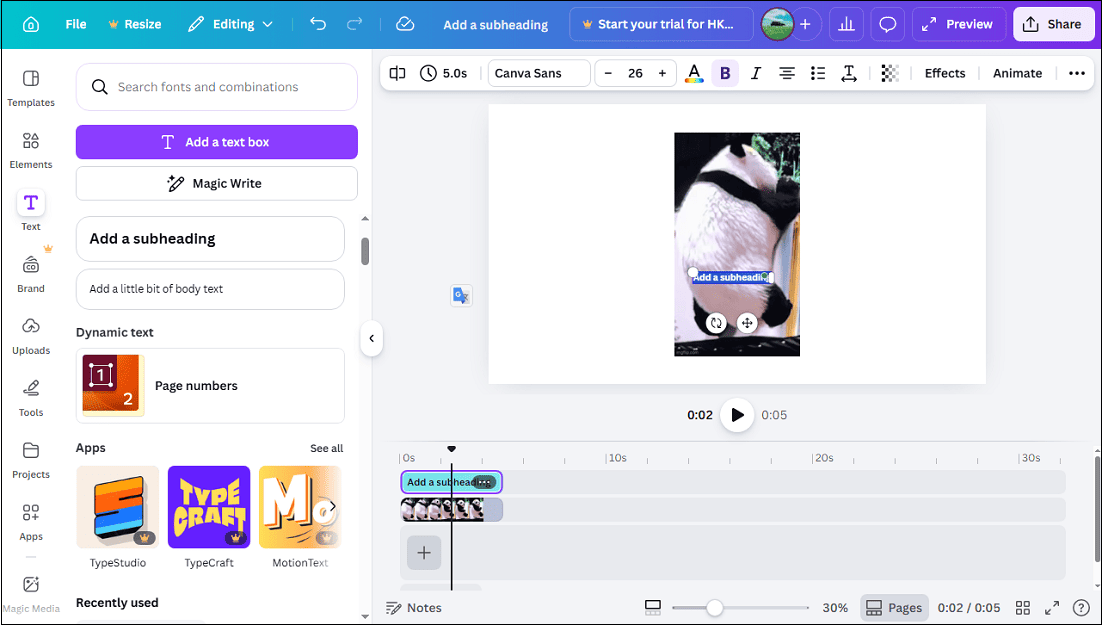 Canva main interface showing how to add captions to a GIF