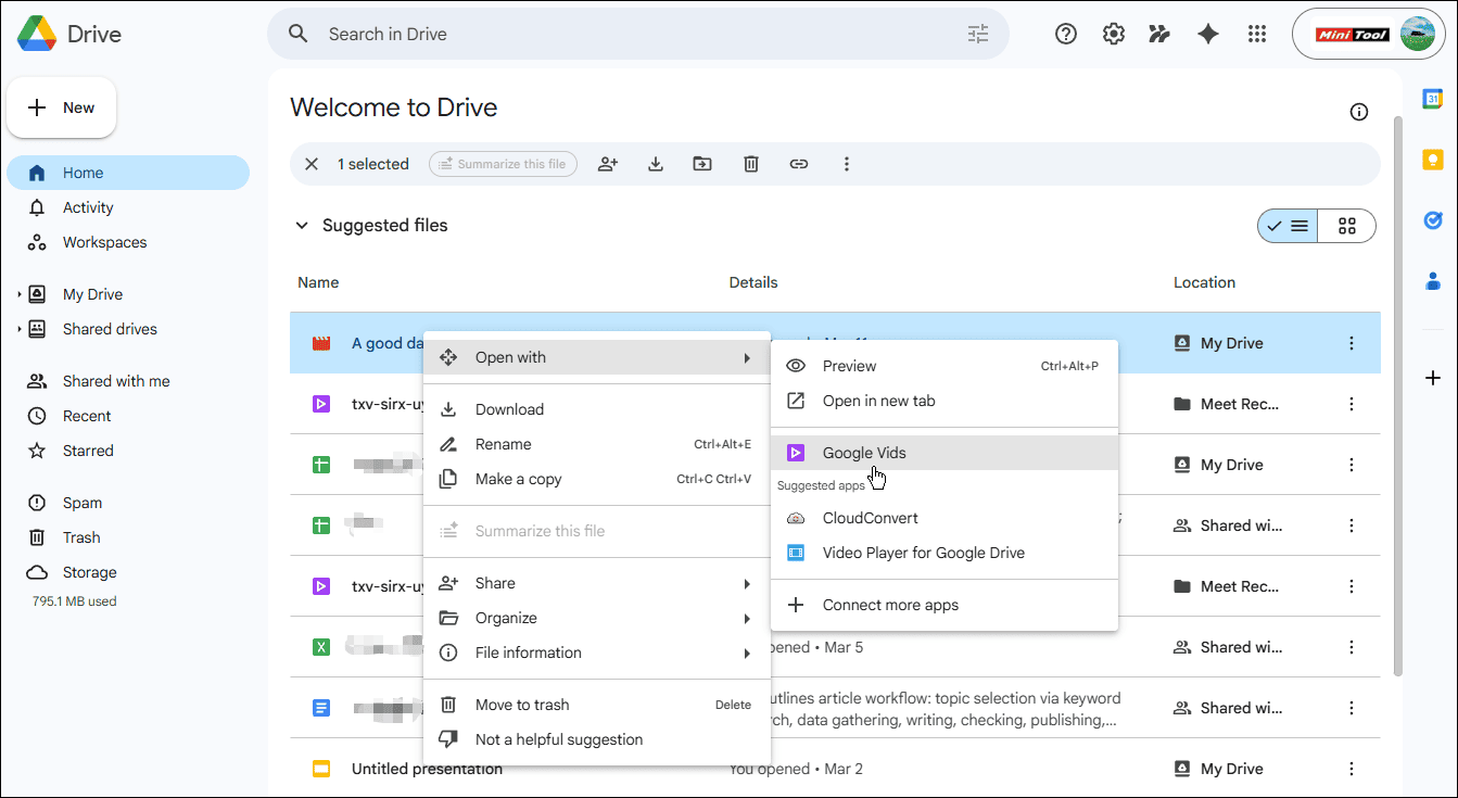 Google Drive page showing how to open a video with Google Vids.
