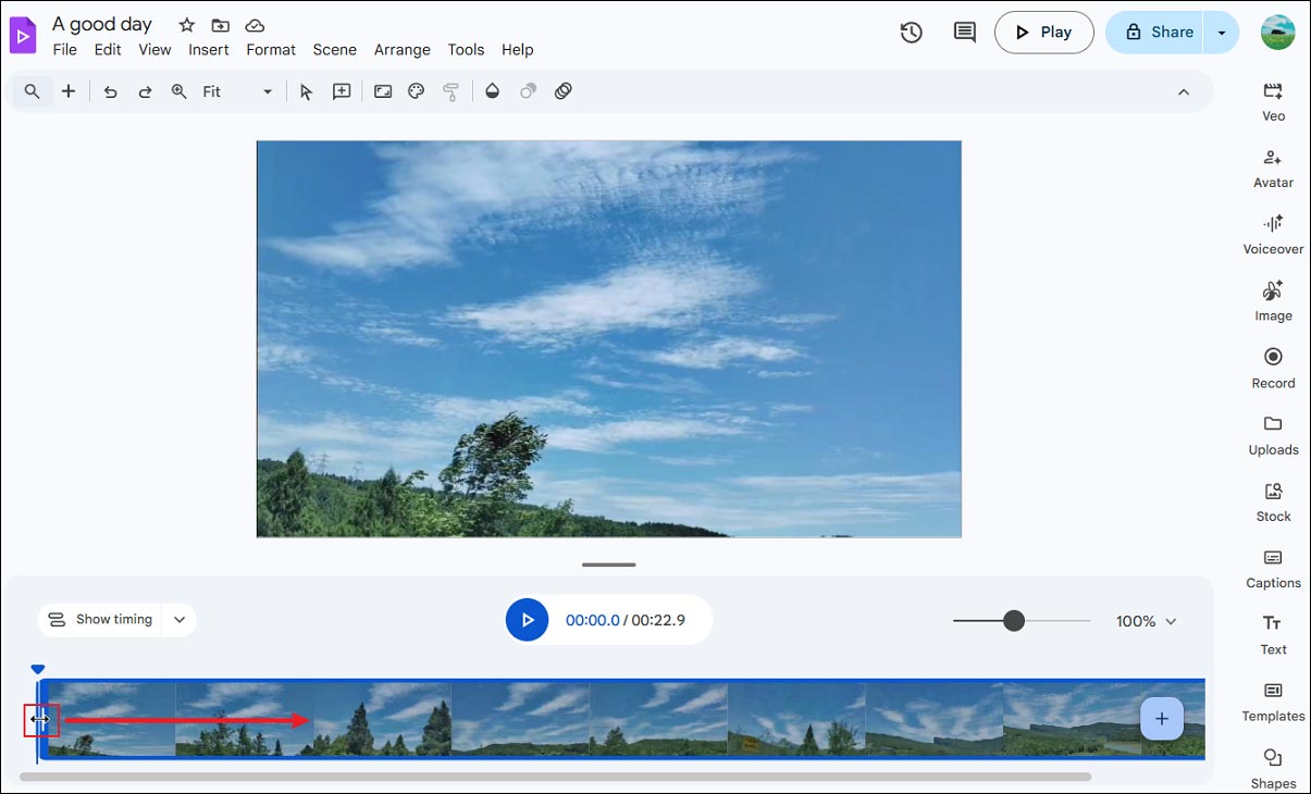 The selected trim icon being dragged to the right on the storyboard of Google Vids.