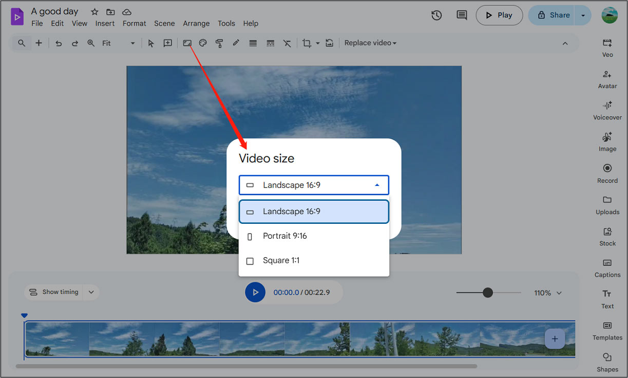 Google Vids editor page showing how to change the video aspect ratio.