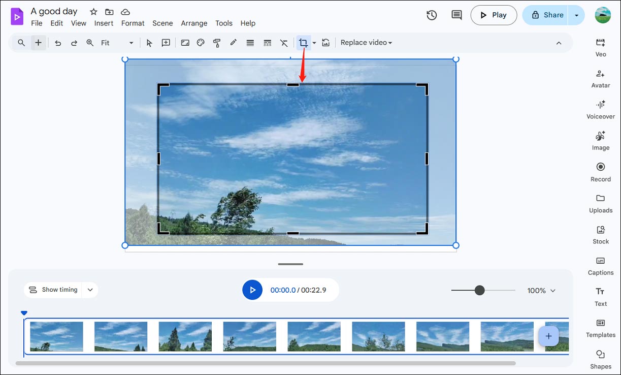 Google Vids editor page showing how to crop a video.