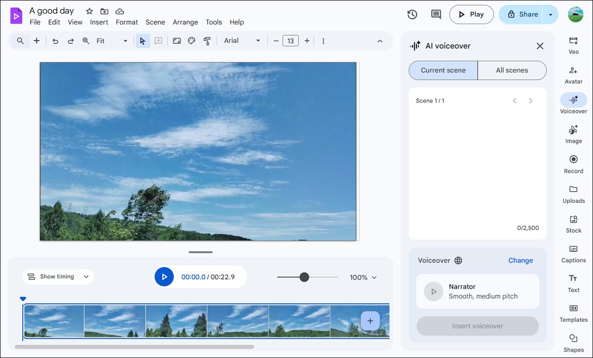 Google Vids editor page showing how to add voiceover to the video.