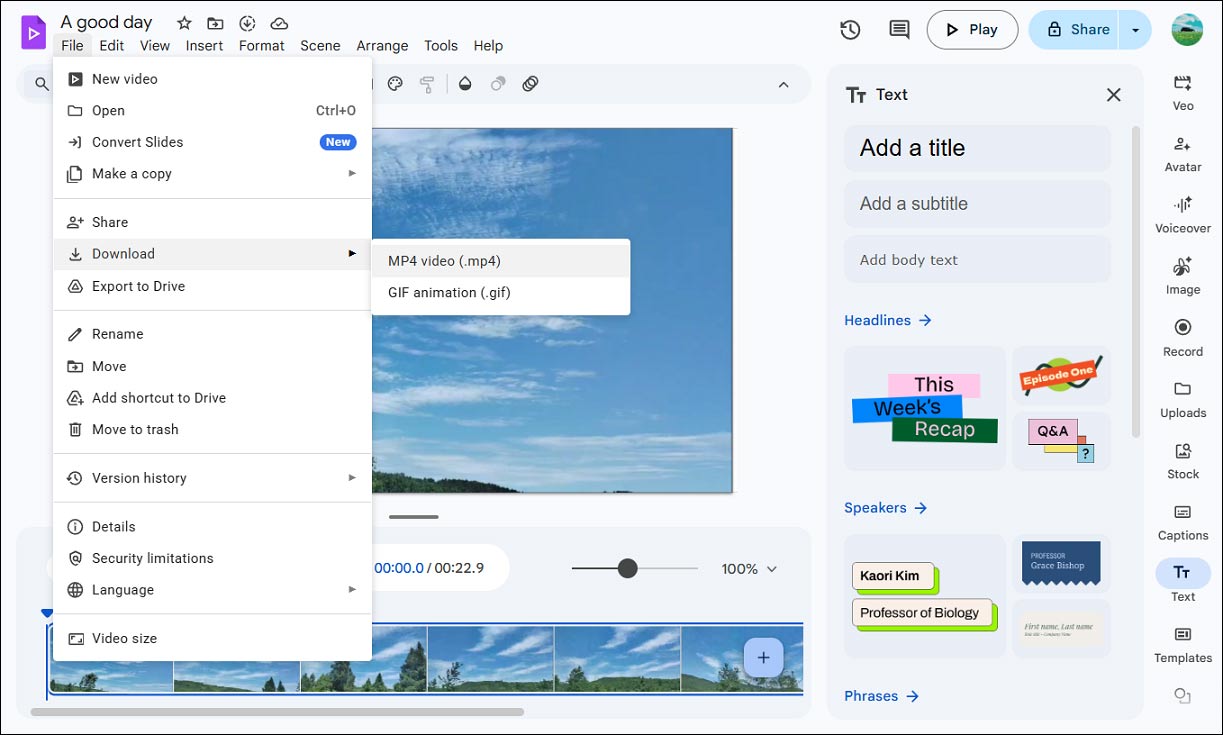 Google Vids editor page showing how to save an MP4 video.