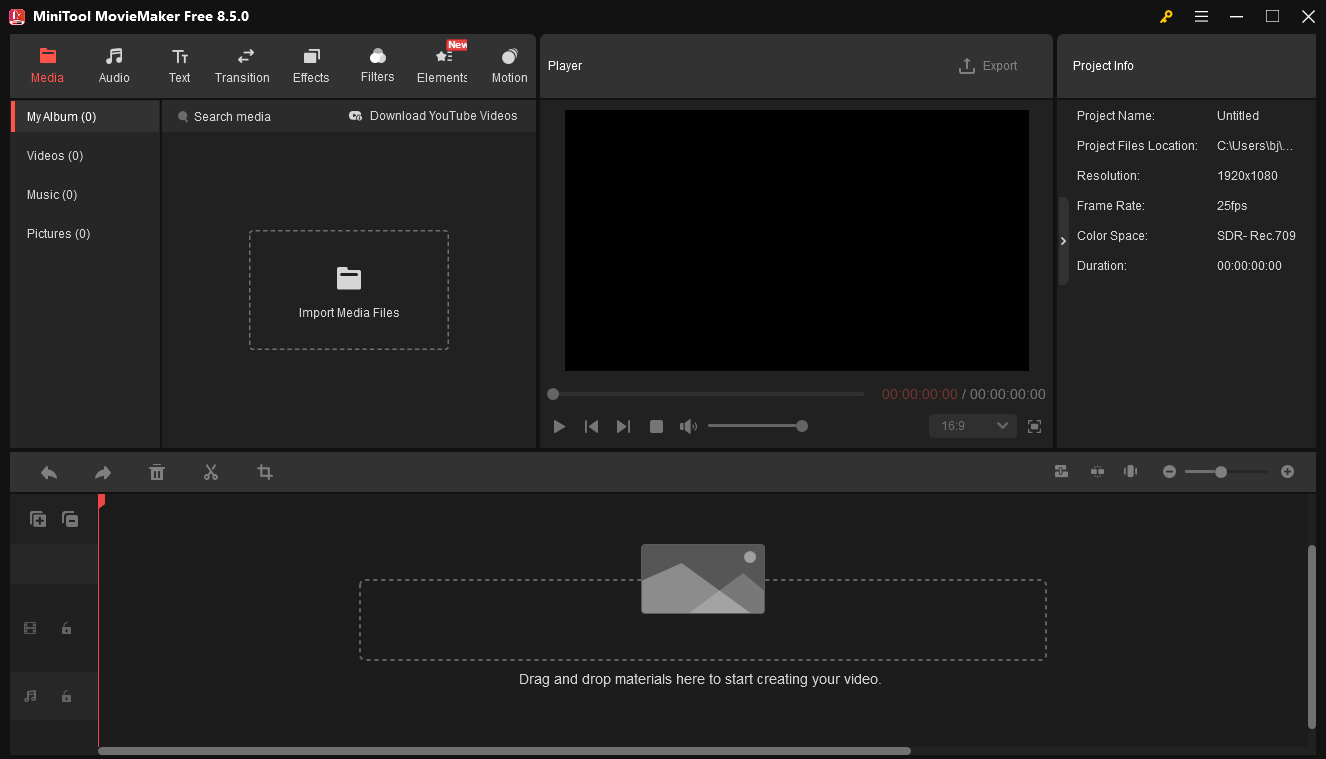 The main user interface of MiniTool MovieMaker.