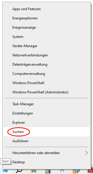 Ankreuzen der Option Windows-Suche beim Klicken auf die Start-Taste.