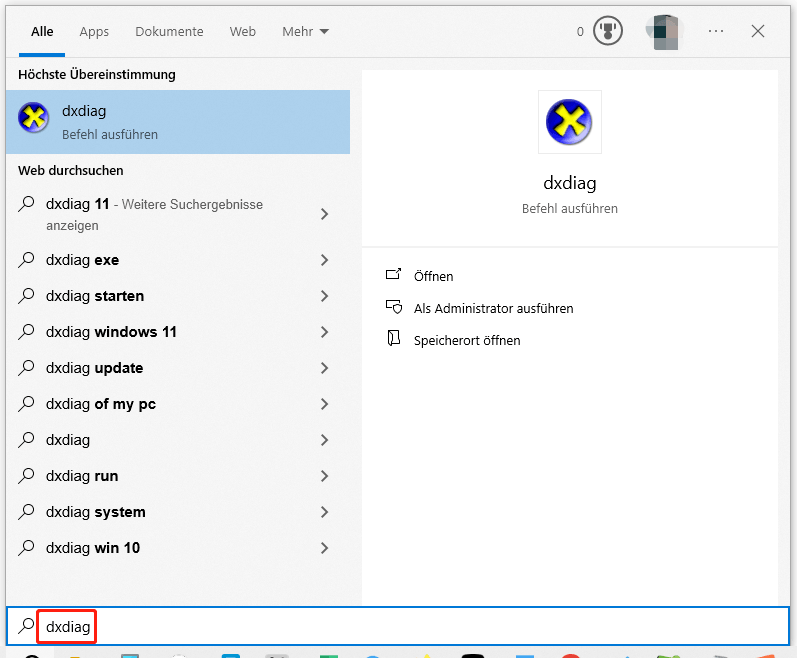 Suchen Sie nach dxdiag im Suchfeld.