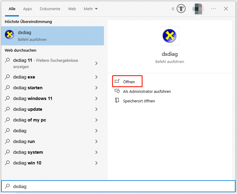 Wählen Sie dxdiag aus den Ergebnissen aus und öffnen Sie es.