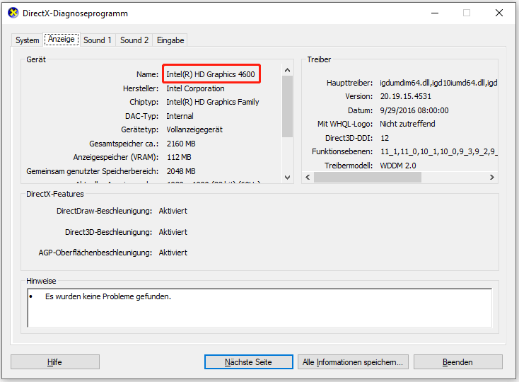 Anzeige des Modellnamen der Grafikkarte.