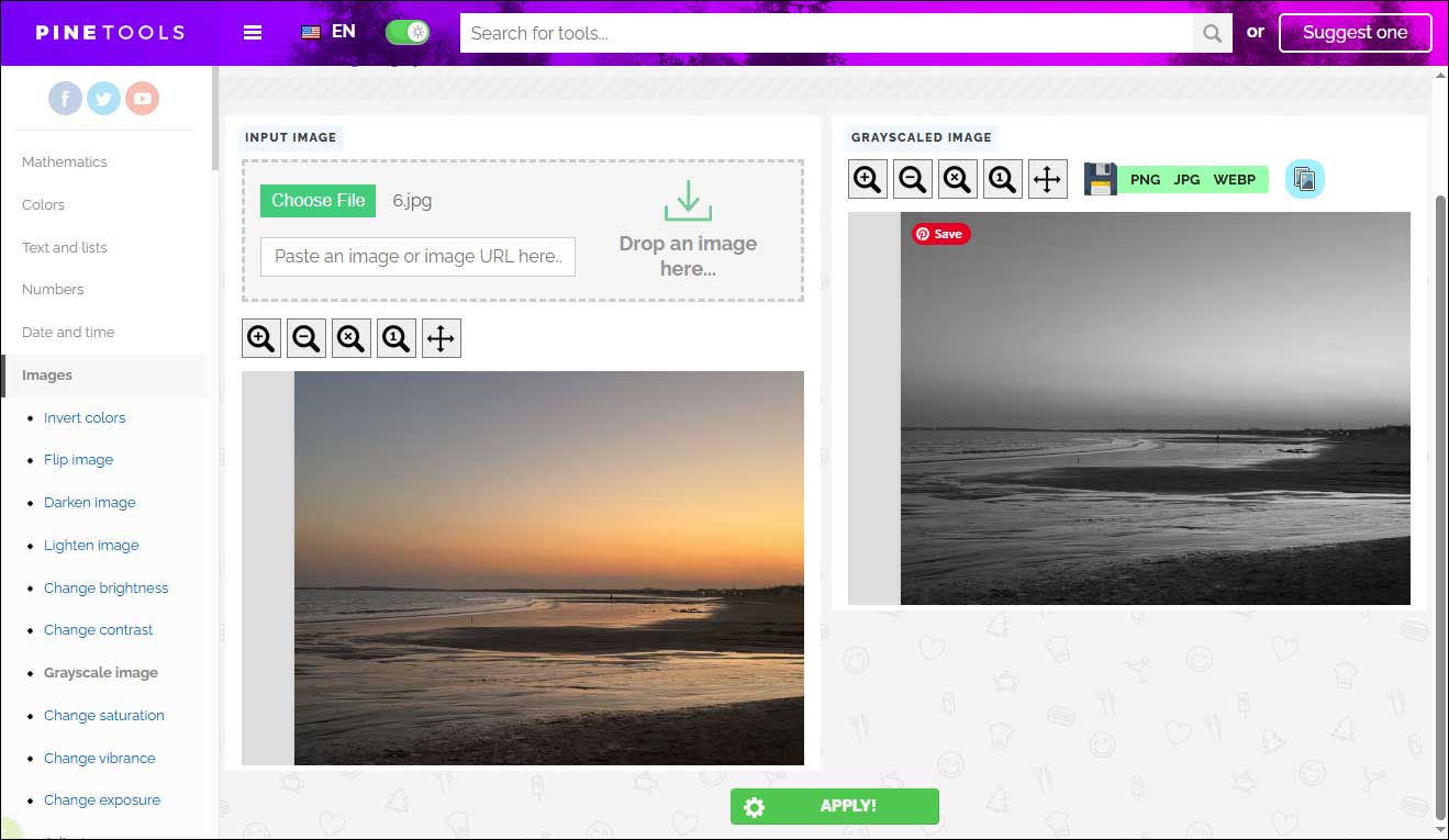 PineTools main interface showing how to create a grayscale image.