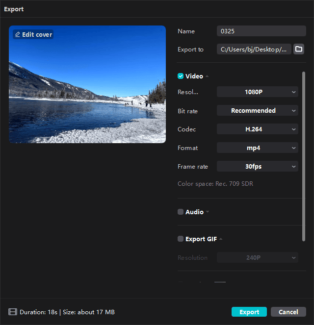 CapCut Export window showing example video output settings.