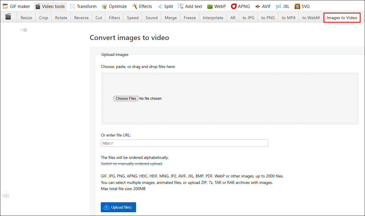The selected Images to Video option on the Ezgif website.