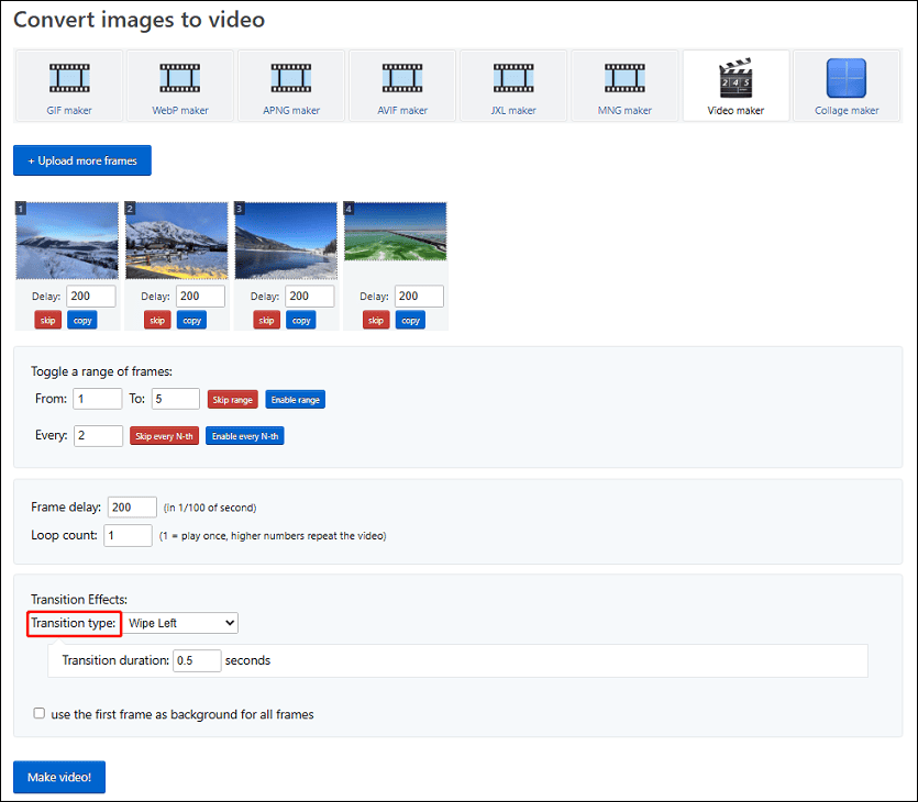 The selected Transition type on the convert images to video page on Ezgif.