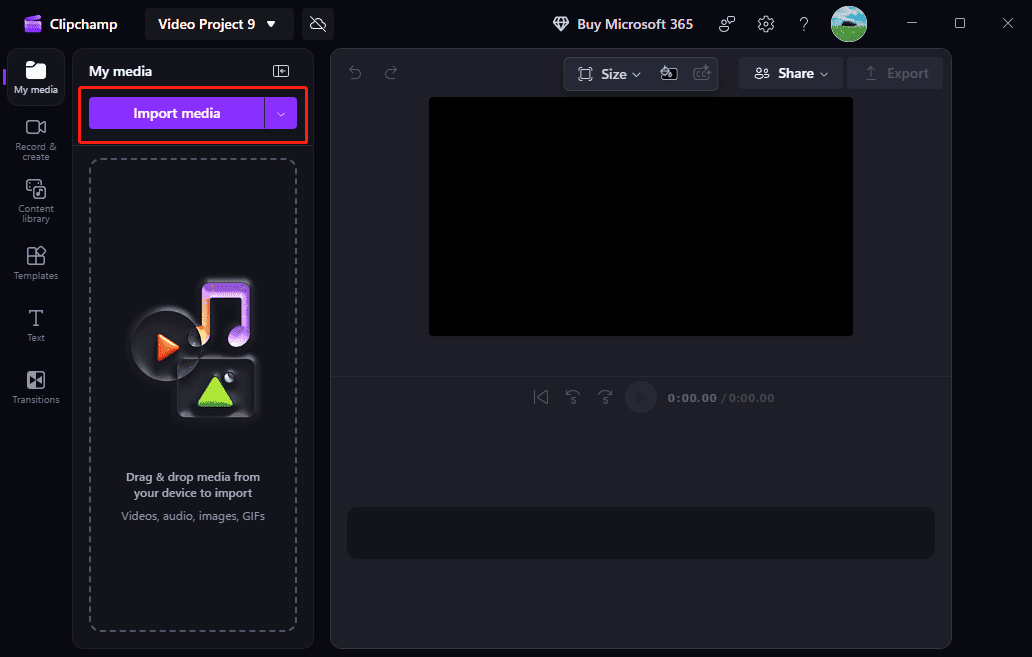 Microsoft Clipchamp interface with the selected Import media option in the upper left.