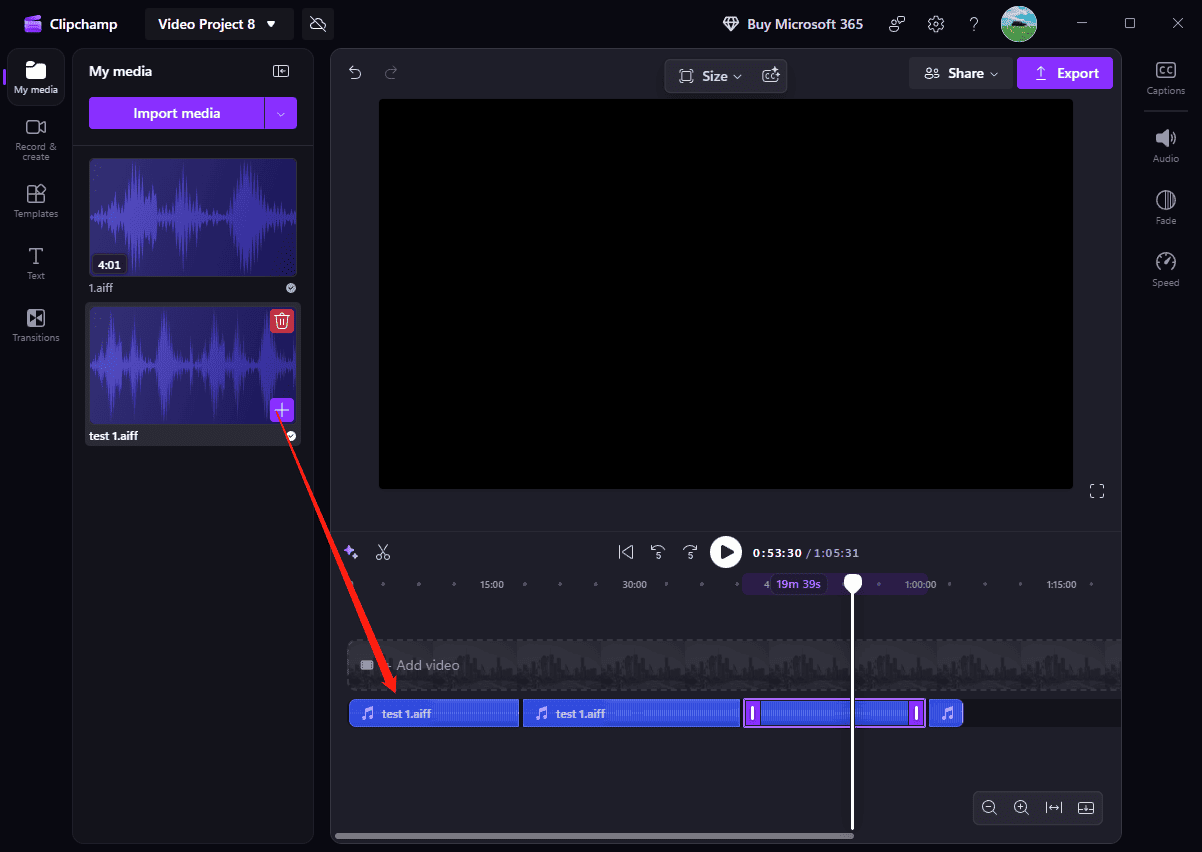 Microsoft Clipchamp interface showing how to add audio files to the timeline.