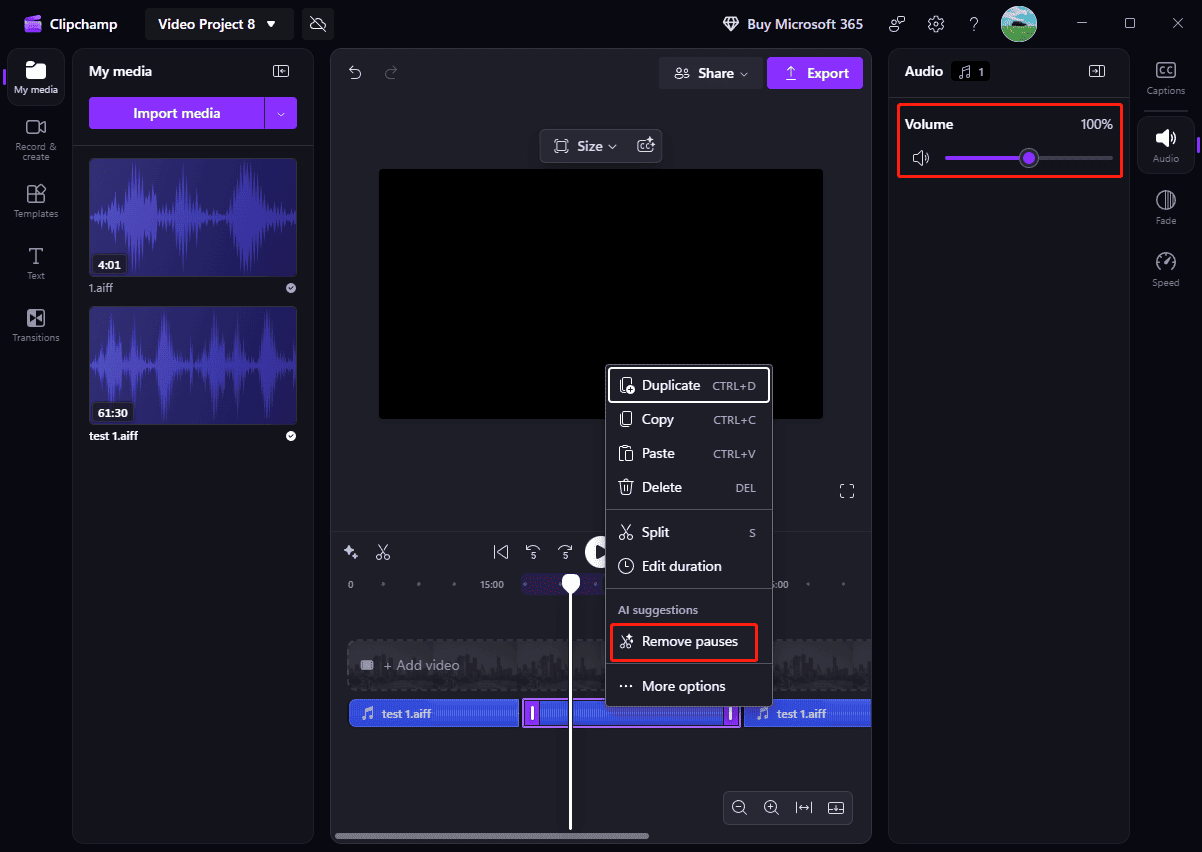 Microsoft Clipchamp interface showing the selected Remove pauses and Volume options.