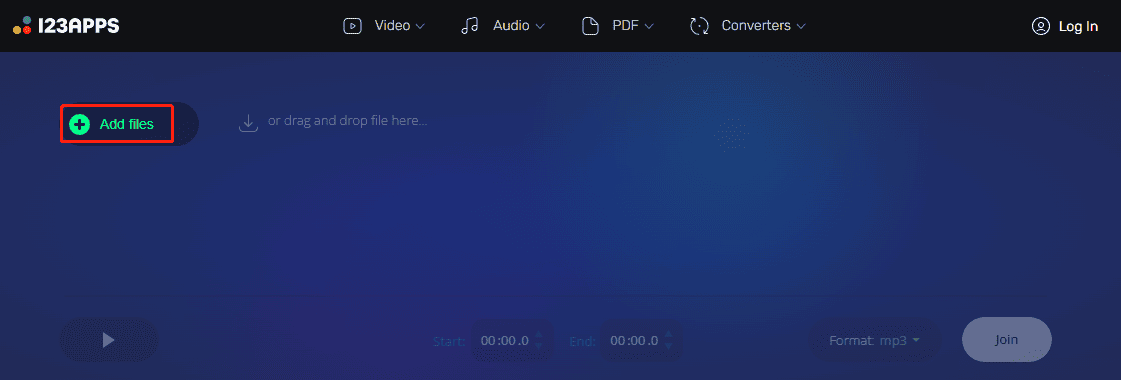 The Audio Joiner interface with the highlighted Add file button on the left.