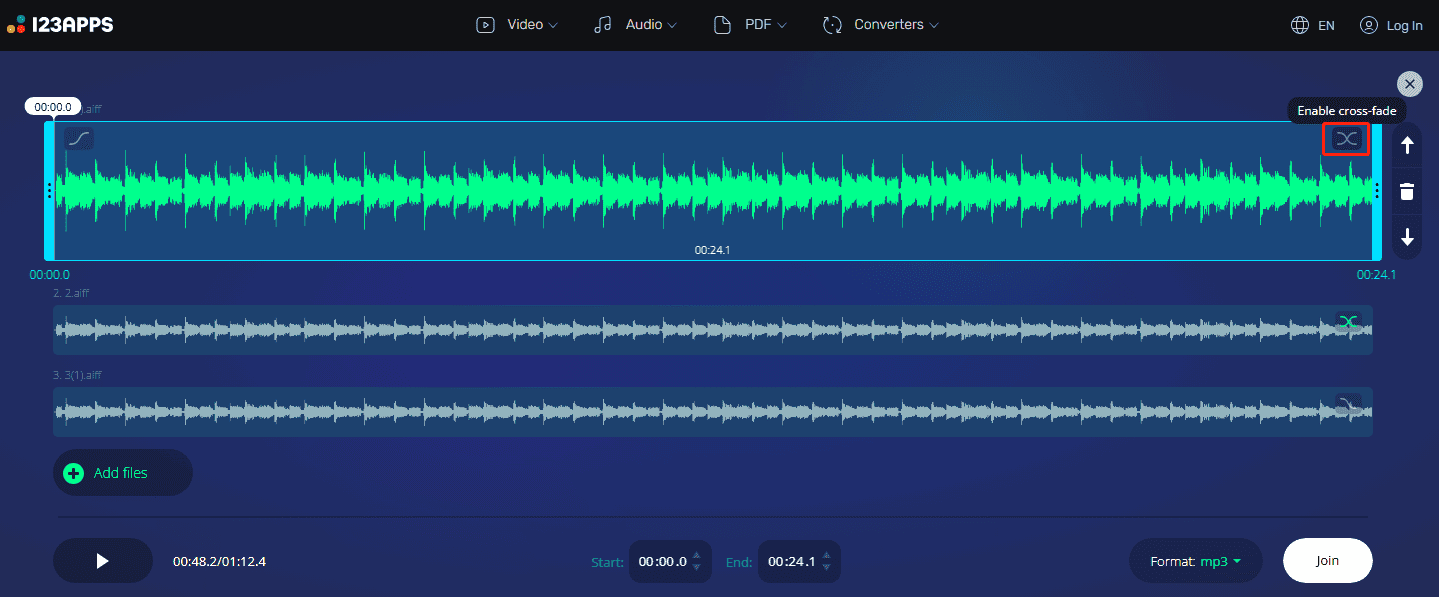 The Audio Joiner interface showing a highlighted Enable cross-fade icon in the top-right of an audio clip.