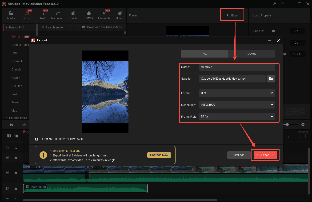 MiniTool MovieMaker interface showing how to save the Snapchat video to your computer.