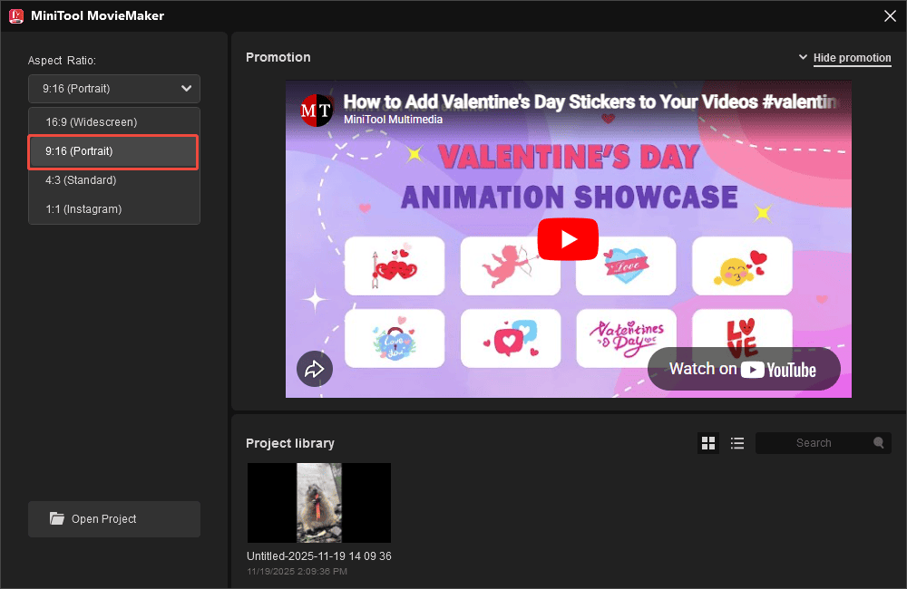 MiniTool MovieMaker project library window with the selected 9:16 (Portrait) option from the Aspect Ratio dropdown menu.
