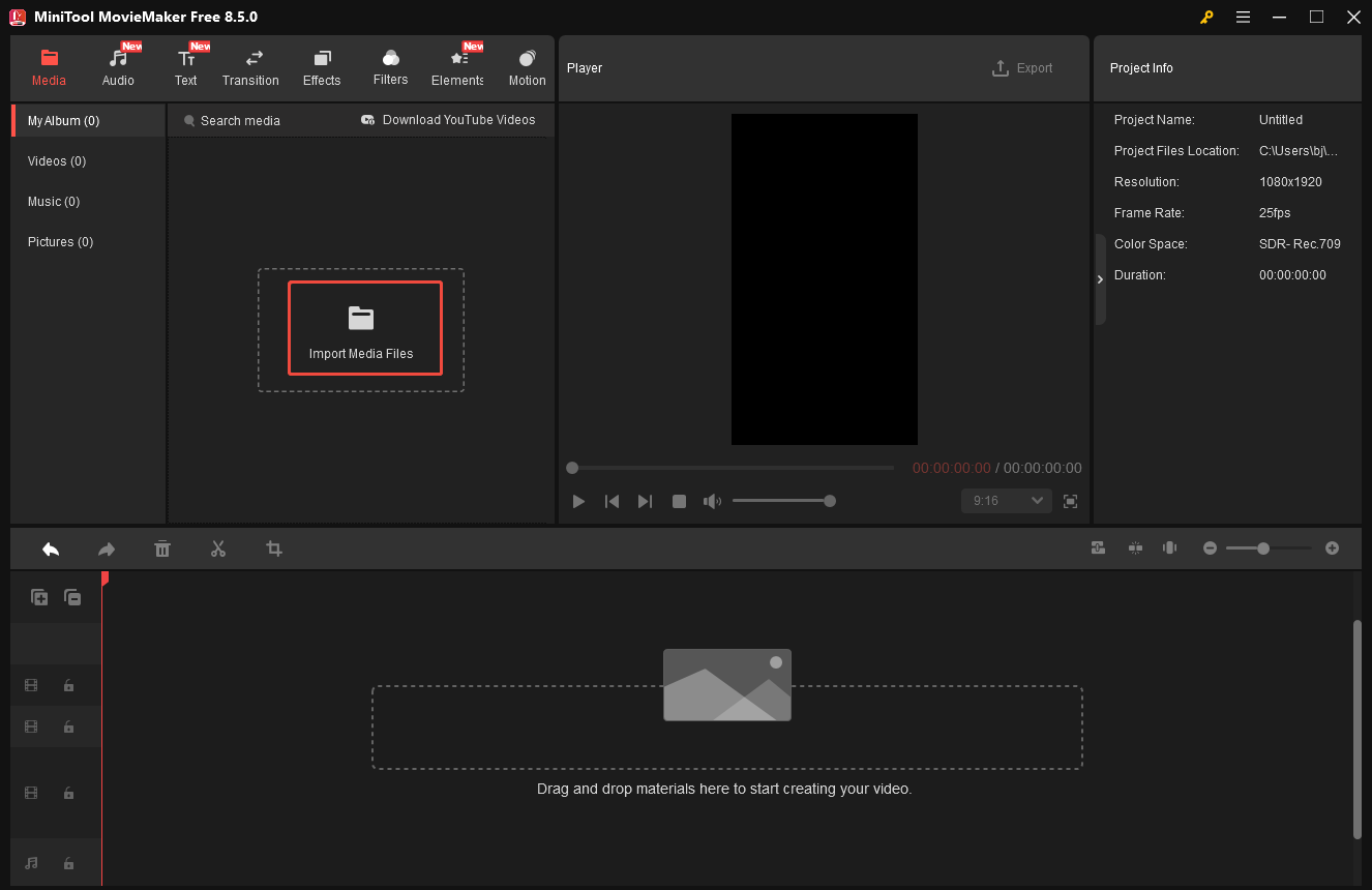 MiniTool MovieMaker interface with the selected Import Media Files option.