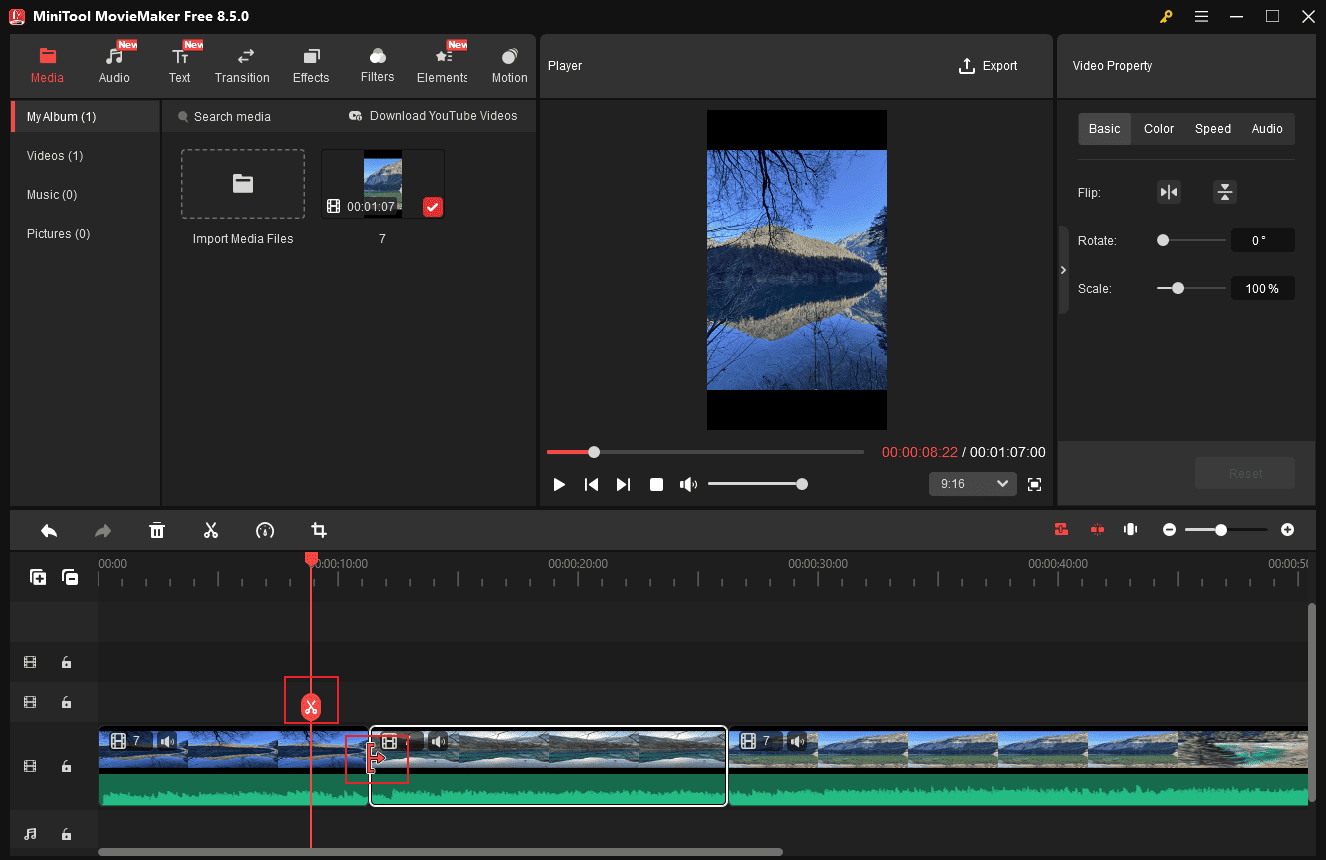 MiniTool MovieMaker interface with the selected Split and Trim icon.