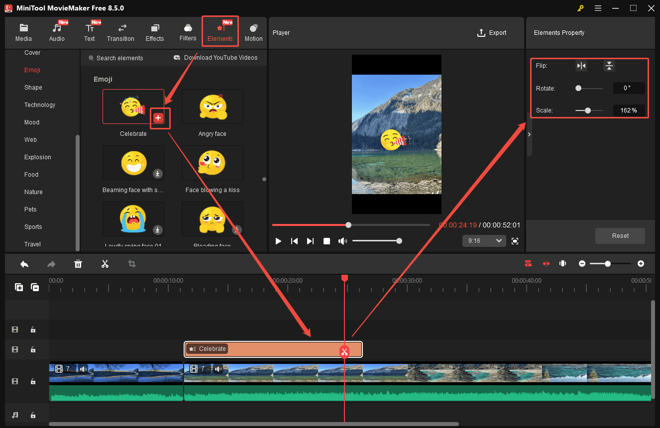 MiniTool MovieMaker interface showing how to edit a Snapchat video by adding stickers.