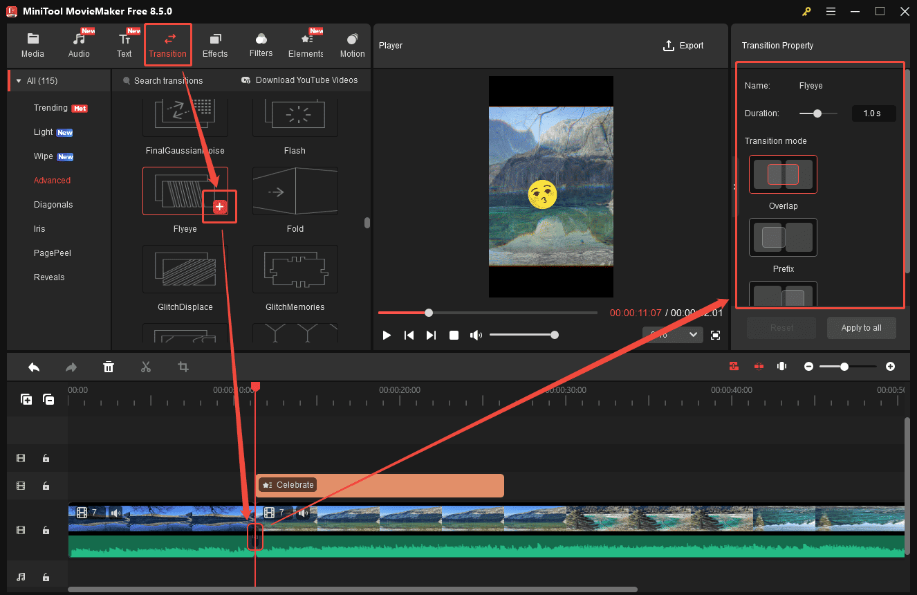 MiniTool MovieMaker interface showing how to edit a Snapchat video by adding transitions.