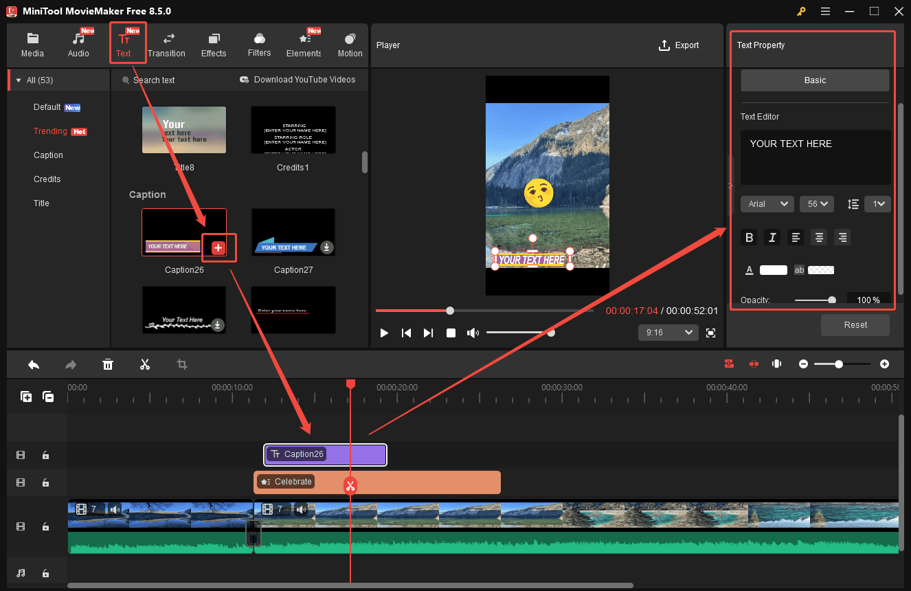 MiniTool MovieMaker interface showing how to edit a Snapchat video by adding text.