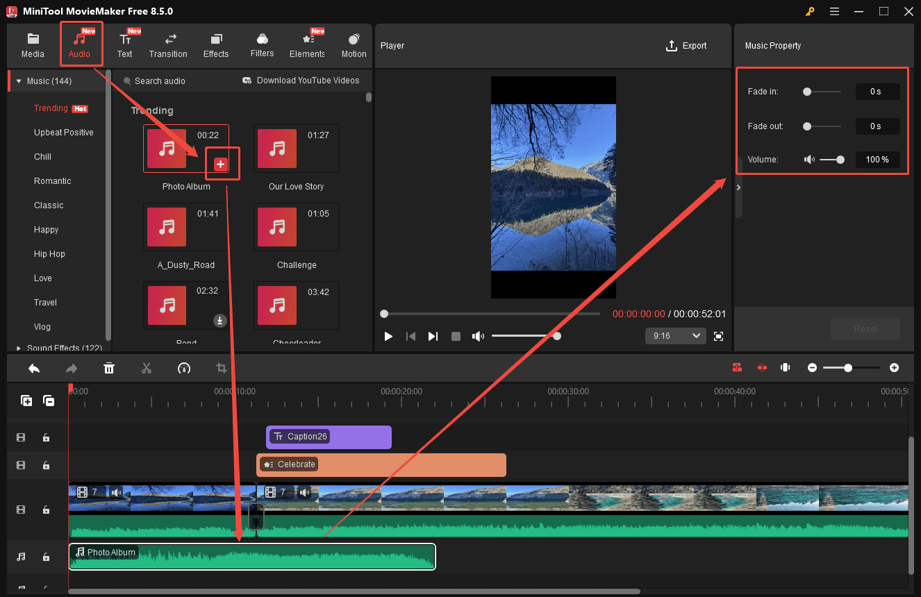 MiniTool MovieMaker interface showing how to edit a Snapchat video by adding music.