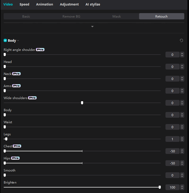The body editing section under the Retouch tab in the CapCut interface.