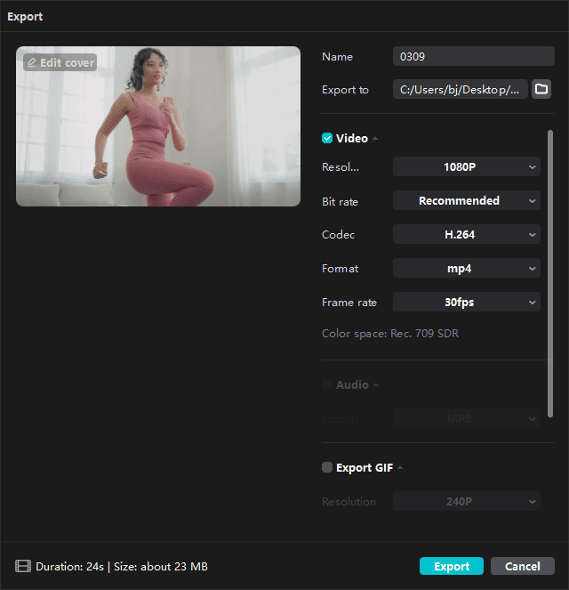 CapCut Export window showing the default output settings.