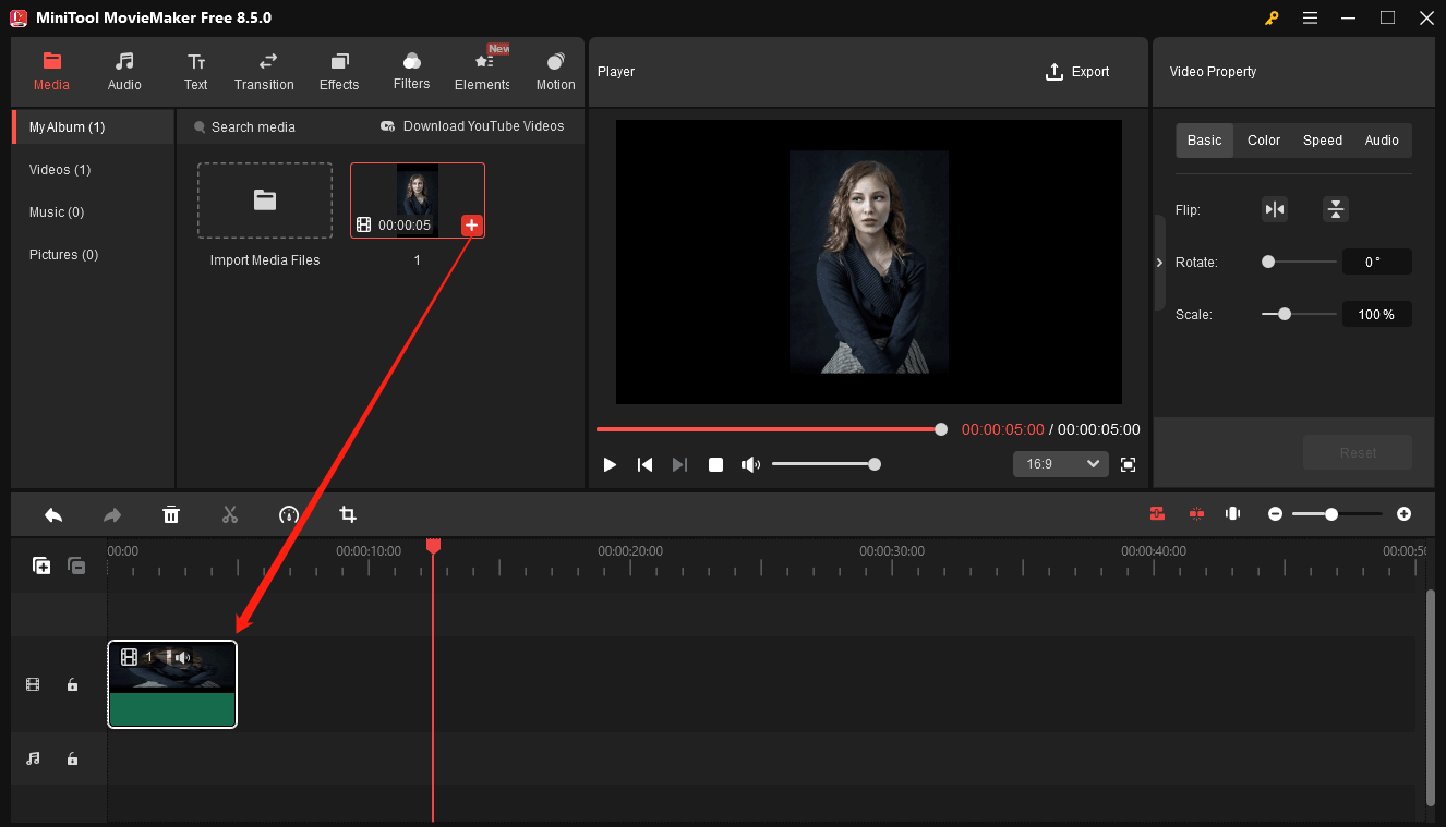 MiniTool MovieMaker interface showing how to add a video from the media library to the timeline.