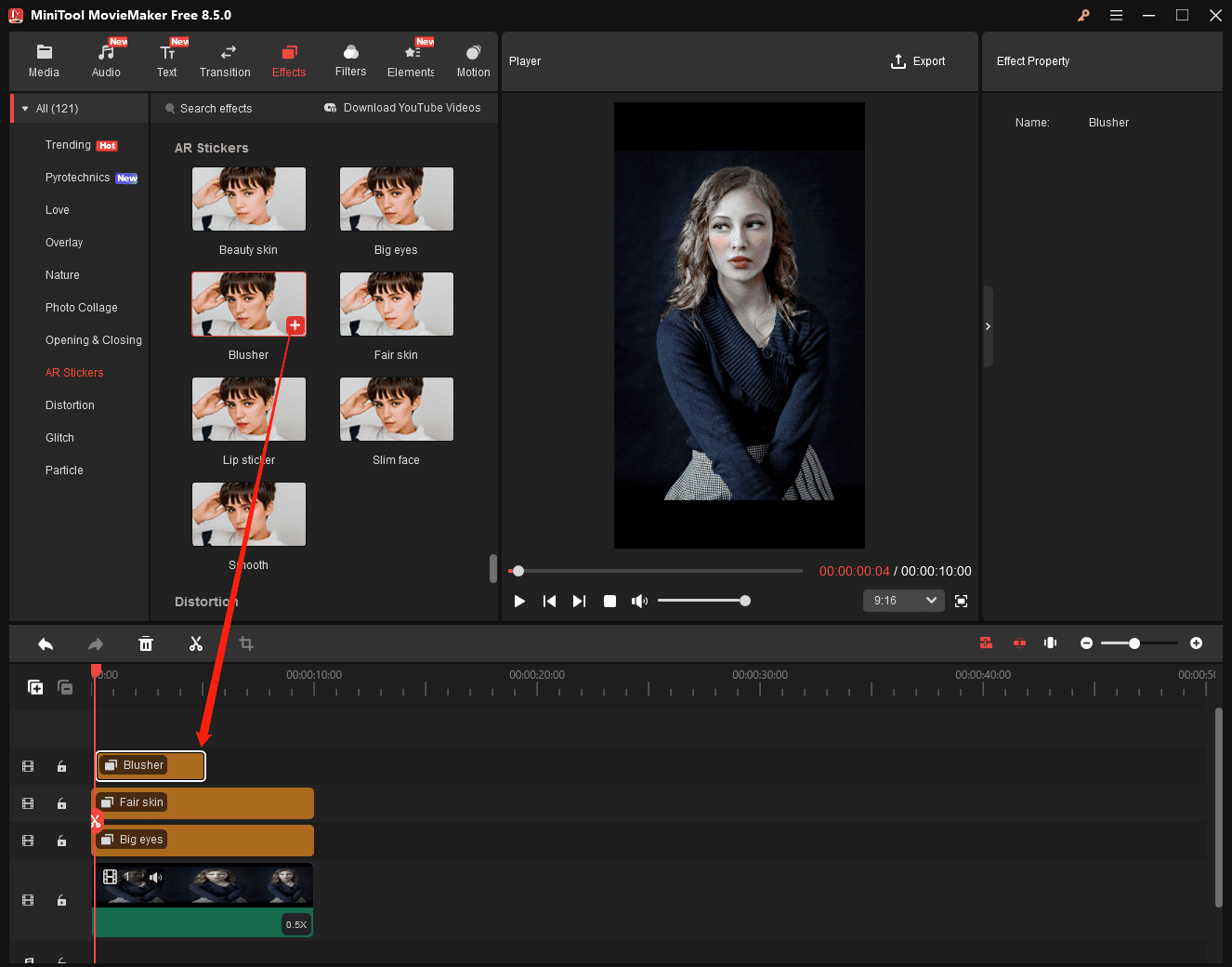 MiniTool MovieMaker interface showing how to add a face filter from the top Effects tab to the timeline.
