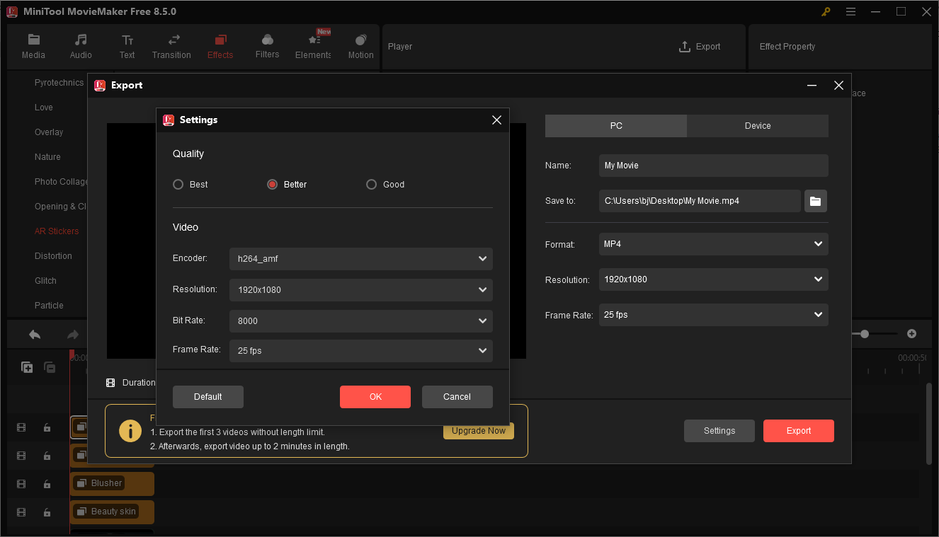MiniTool MovieMaker interface showing how to open the Export window and change the output settings.