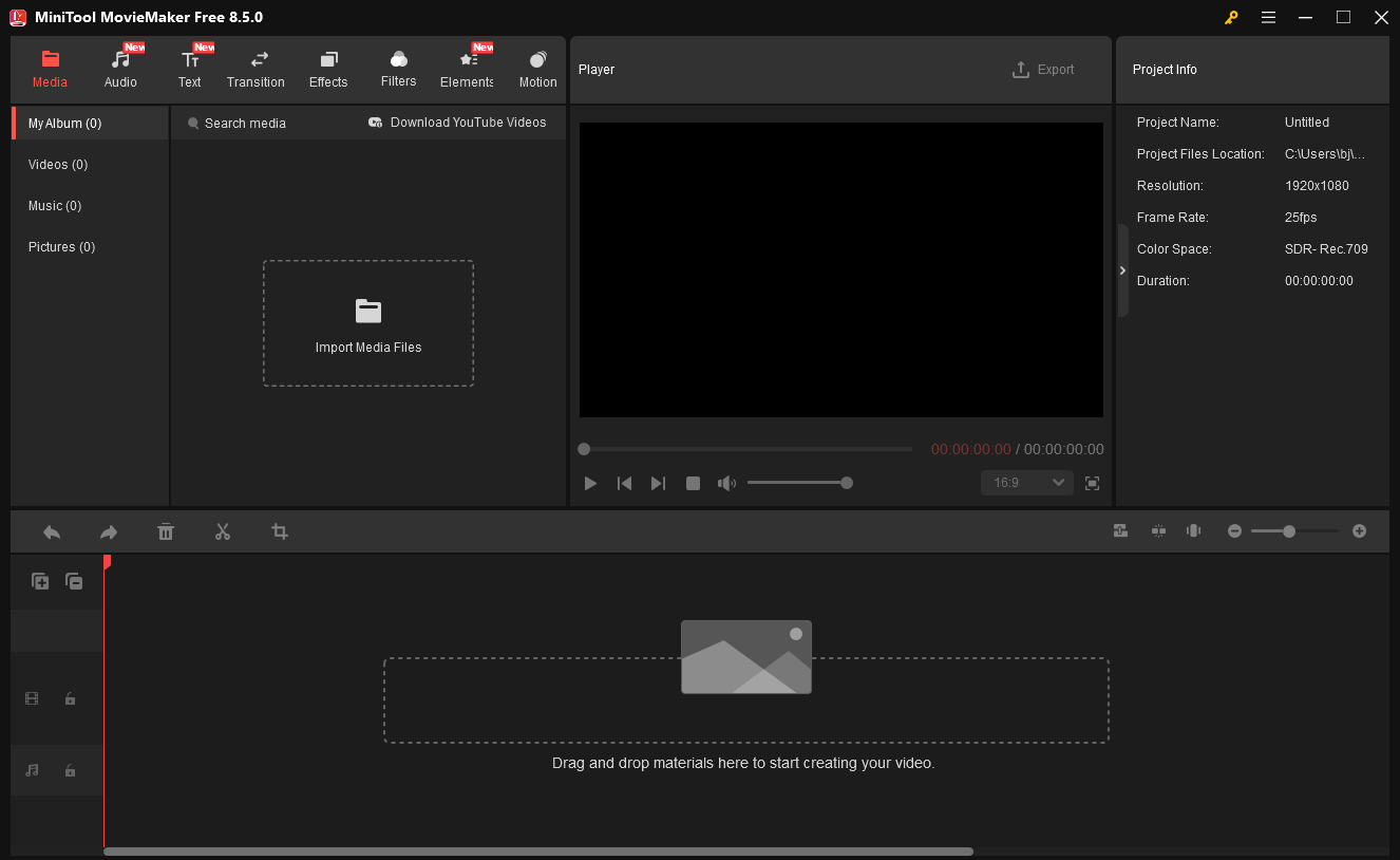 The main user interface of MiniTool MovieMaker.