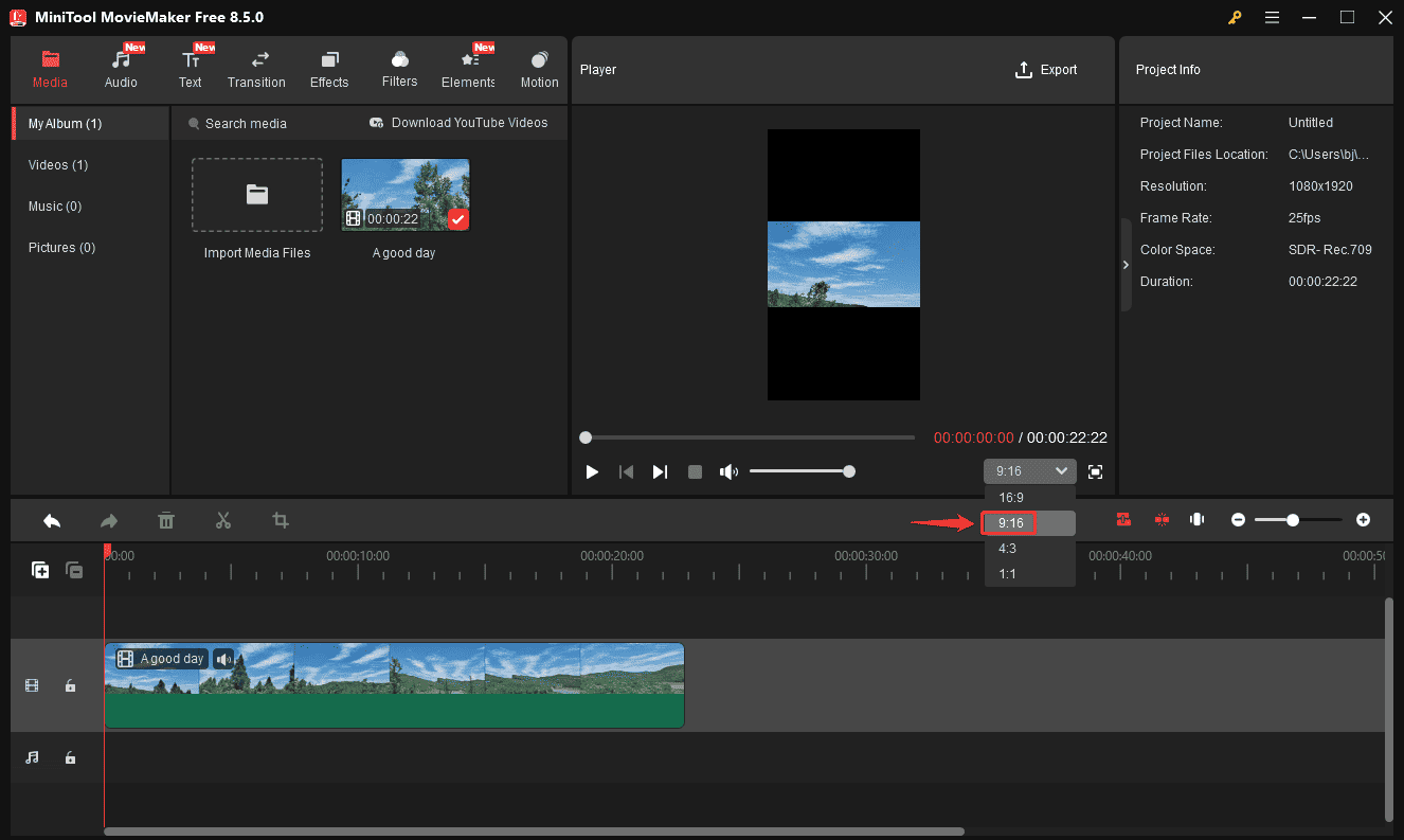MiniTool MovieMaker interface showing the selected 9:16 option from the Ratio dropdown under the player window.