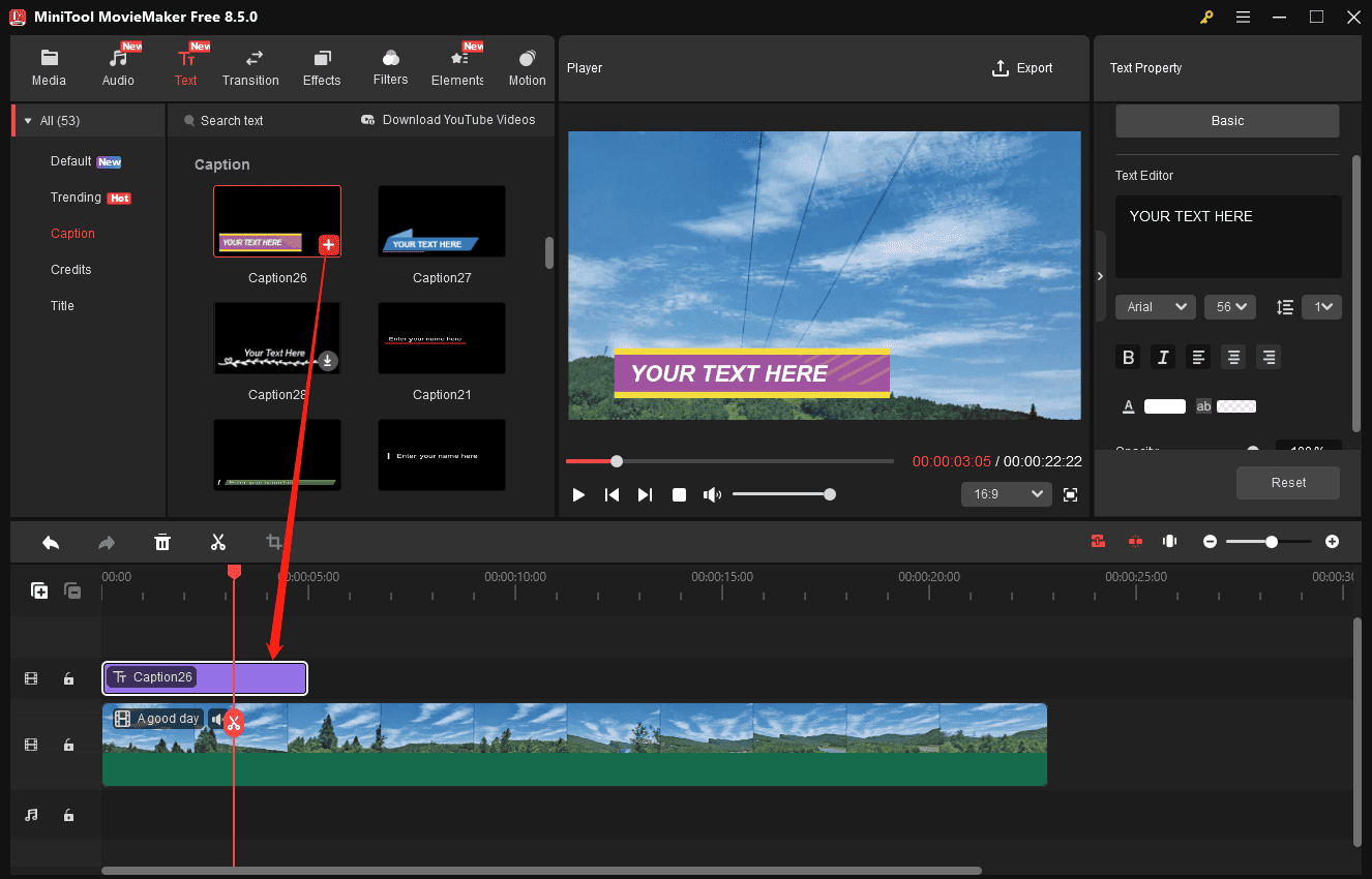 MiniTool MovieMaker interface showing how to add a caption template to the timeline.