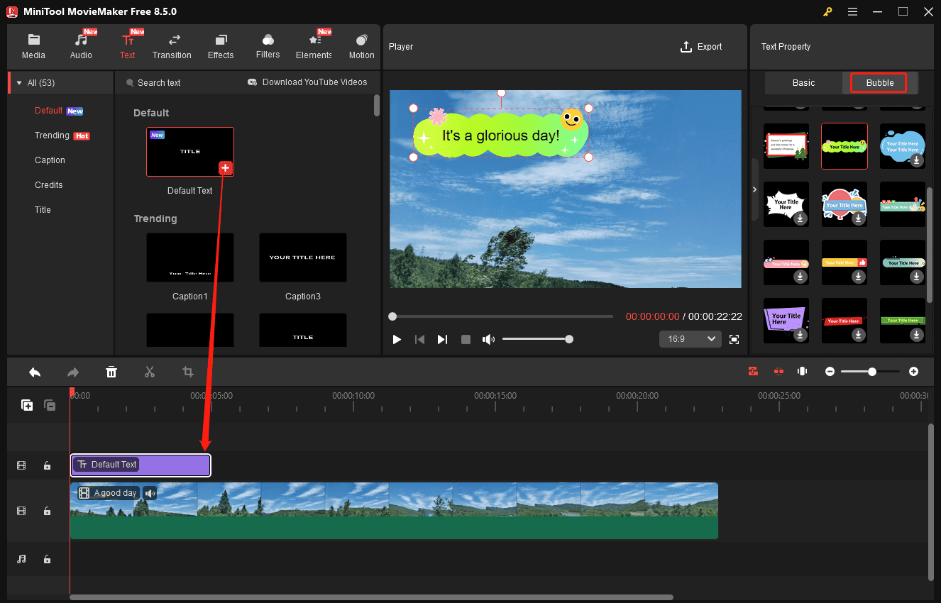 MiniTool MovieMaker interface showing how to add bubble text to videos.
