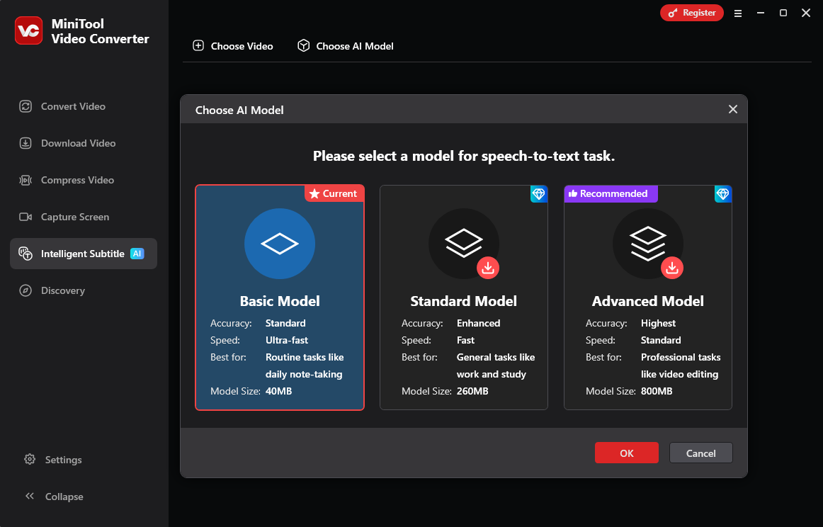 The Choose AI Model window on the MiniTool Video Converter interface asking you to choose a speech-to-text model.