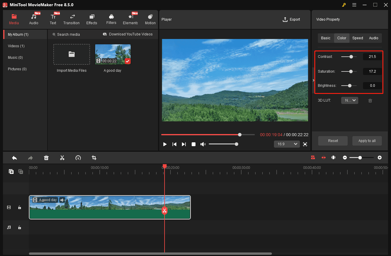 MiniTool MovieMaker interface with selected color settings on the right side.