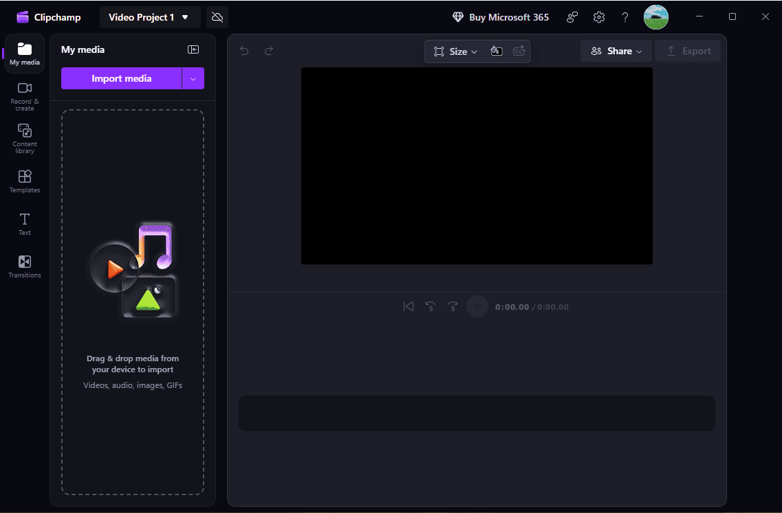 The main user interface of Microsoft Clipchamp.