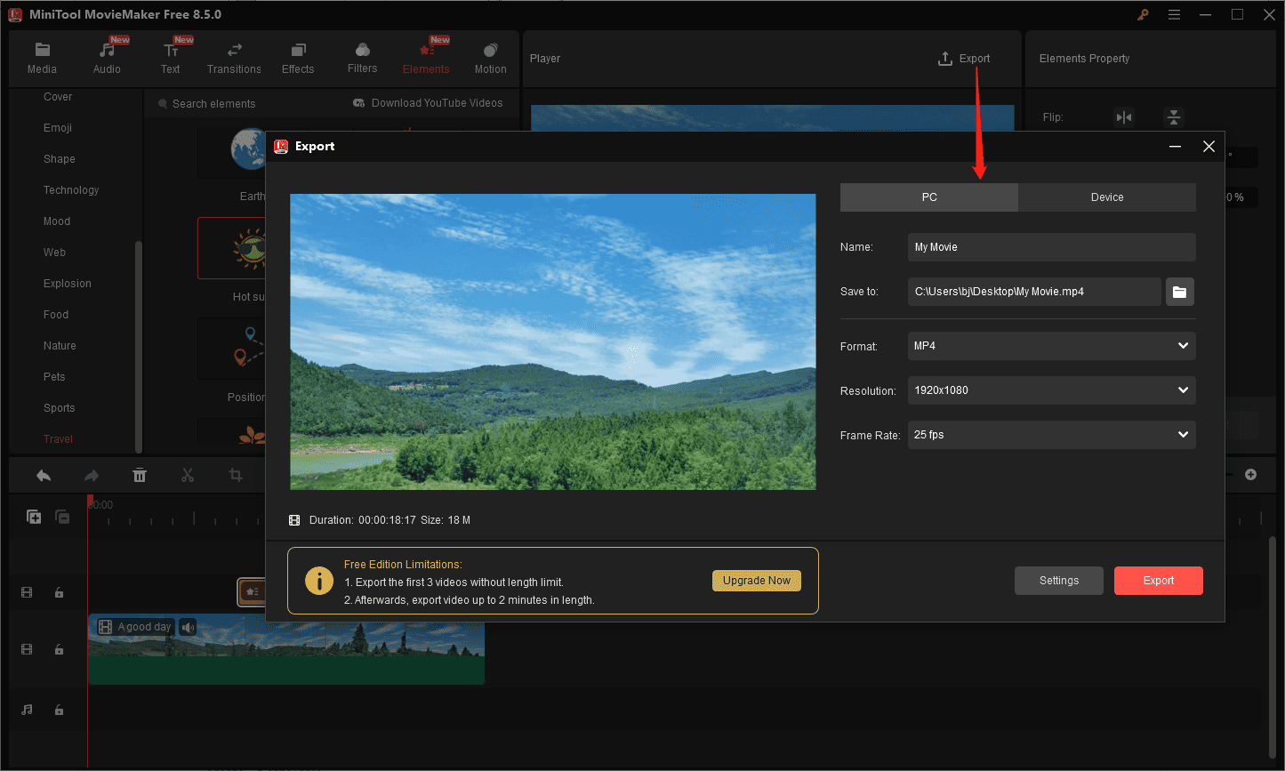MiniTool MovieMaker interface showing how to open the Export window.