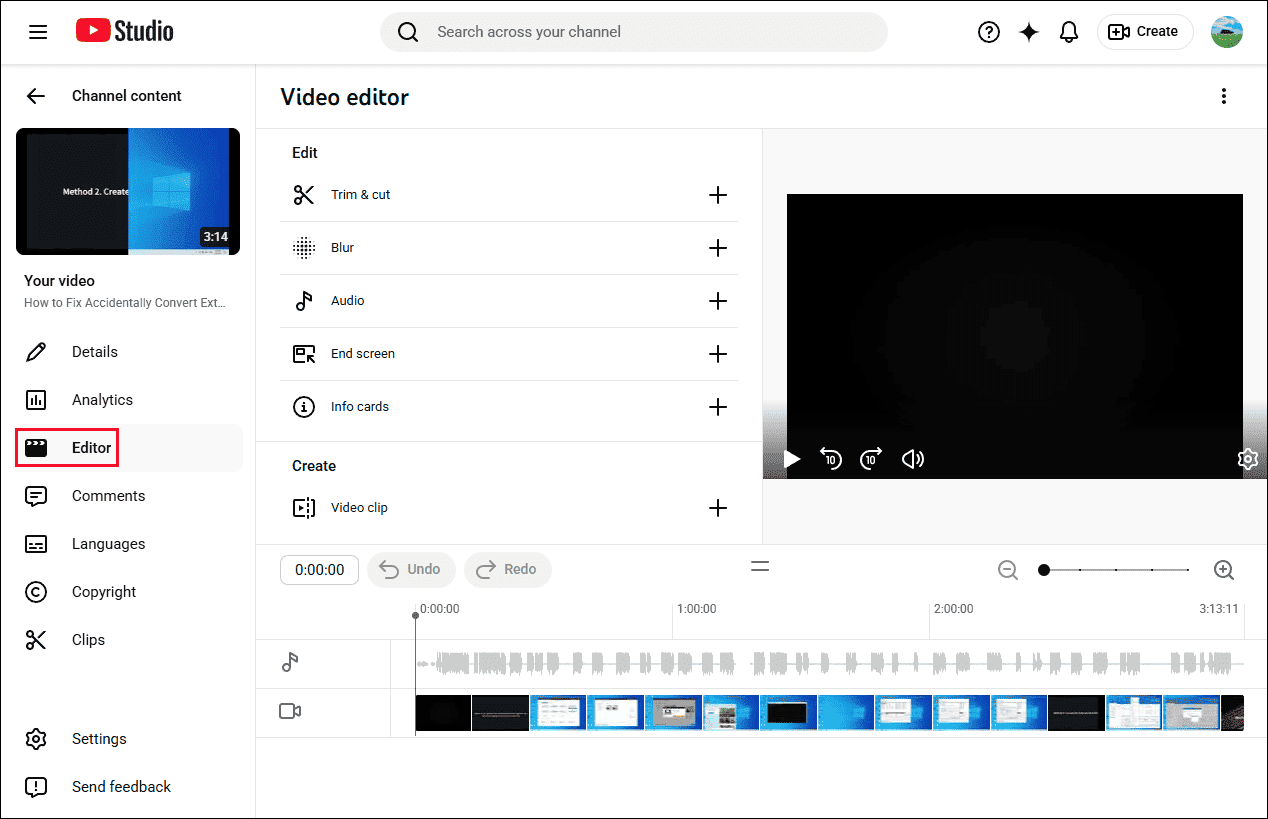 The main interface of YouTube’s built-in video editor.