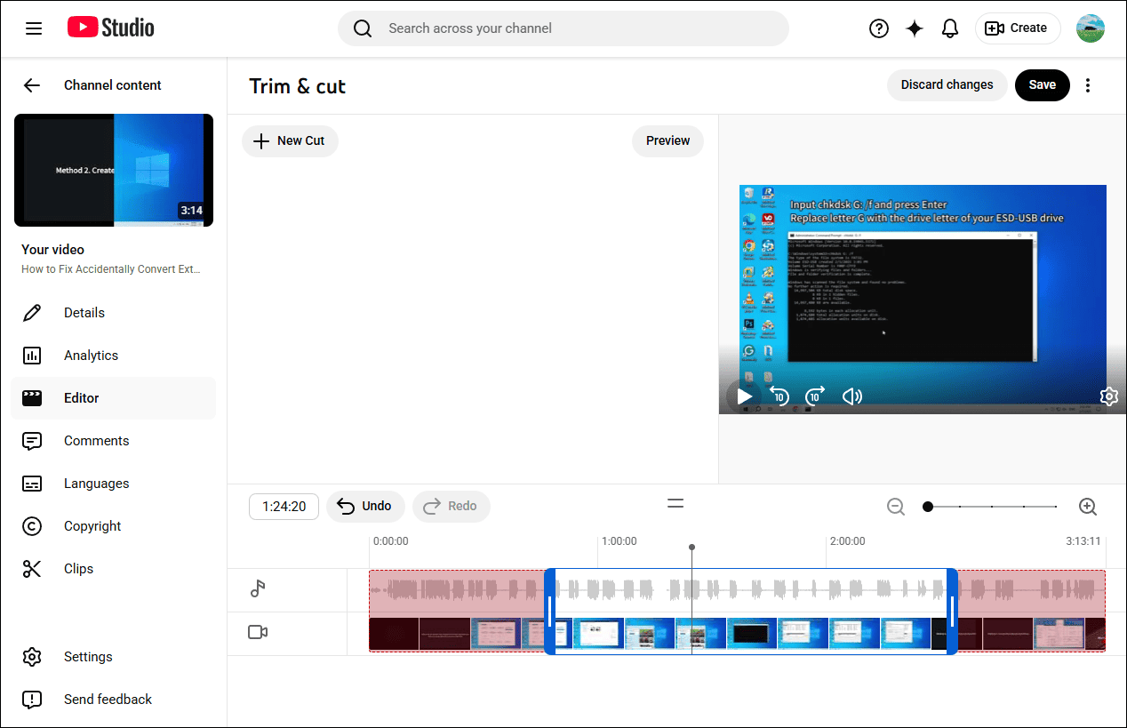 YouTube built-in editor showing how to trim the start or end of the video.