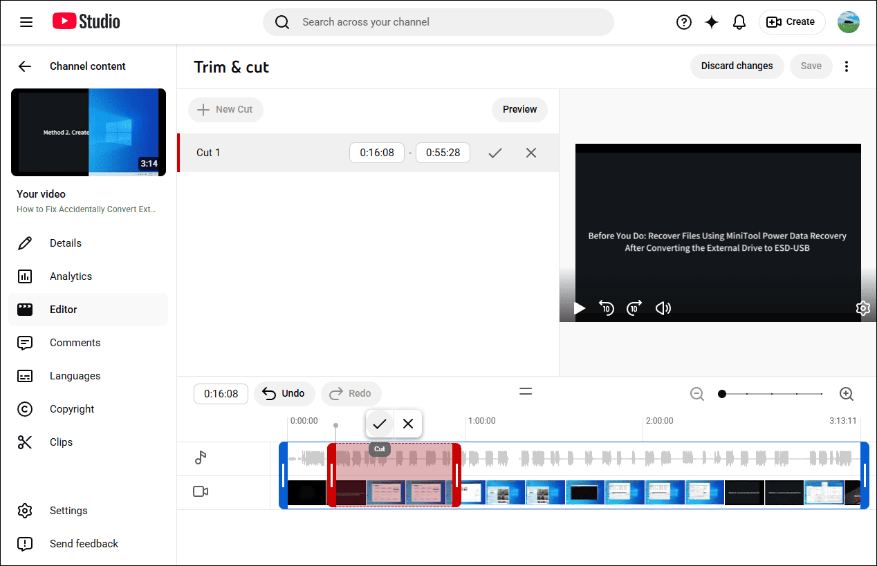 YouTube built-in editor showing how to delete the middle part of a video.